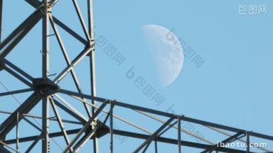 国家电网高压电塔白天月亮月球